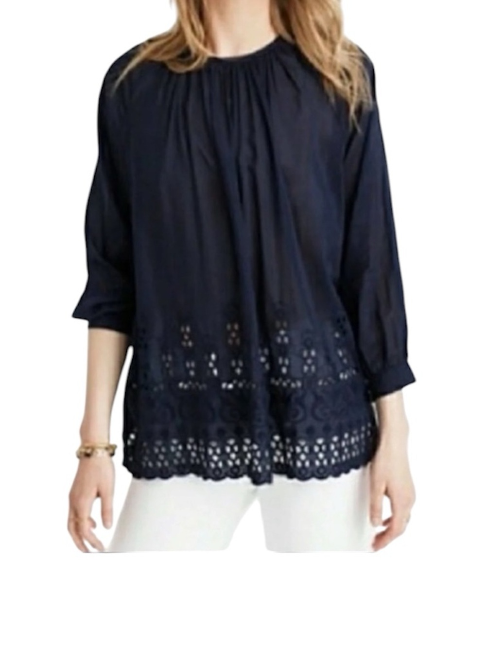 Madewell Navy Eyelet-Hem Peasant Blouse - Navy